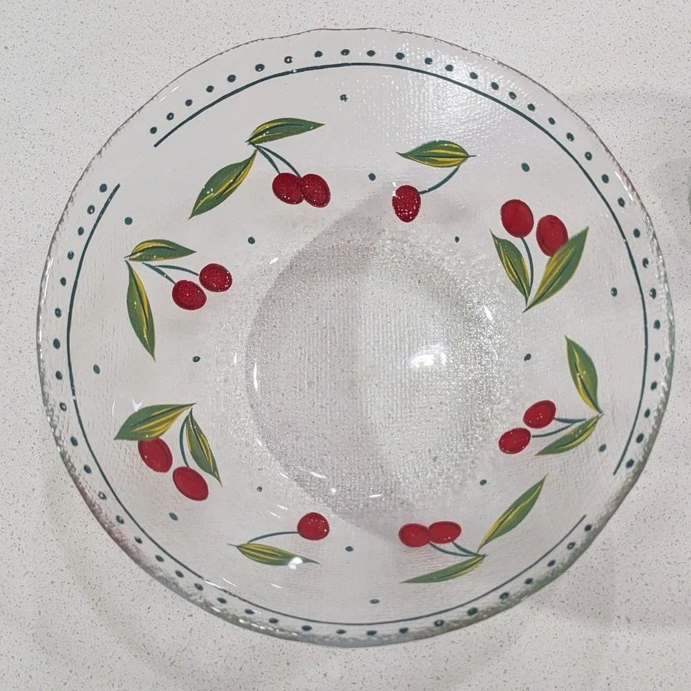 Arcoroc Serving Bowl Textured Glass‎ Hand Painted Cherry Motif 10.5